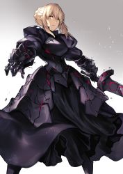 Rule 34 | 1girl, armor, artoria pendragon (all), artoria pendragon (fate), blonde hair, braid, excalibur morgan (fate), fate/stay night, fate (series), faulds, french braid, gauntlets, gradient background, grey background, highres, holding, holding sword, holding weapon, karlwolf, legs apart, parted lips, saber alter, sidelocks, solo, standing, sword, weapon, yellow eyes