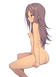 Rule 34 | 1girl, ass, blush, breasts, commentary request, completely nude, ear piercing, everyntrge, expressionless, grey eyes, grey hair, long hair, looking to the side, nipples, nude, original, piercing, profile, simple background, sitting, small breasts, solo, sweat, white background