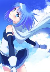 Rule 34 | 10s, 1girl, blue eyes, blue hair, blush, cape, chabashira (otya), cloud, cloudy sky, day, detached sleeves, gloves, highres, looking at viewer, looking back, magical girl, mahou shoujo madoka magica, mahou shoujo madoka magica (anime), matching hair/eyes, miki sayaka, no hairclip, outdoors, outstretched arms, skirt, sky, smile, solo, white gloves