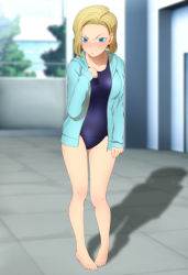 Rule 34 | 1girl, absurdres, android 18, angry, barefoot, blonde hair, blue eyes, blush, breasts, clenched teeth, dragon ball, dragonball z, earrings, feet, female focus, full body, highres, jacket, jewelry, large breasts, legs, looking at viewer, shadow, short hair, solo, standing, swimsuit, teeth, thighs, toes, yadokari genpachirou