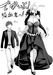 Rule 34 | 1boy, 1girl, breasts, cleavage, comic, corset, detached collar, dress, elbow gloves, gloves, height, height difference, highres, huge breasts, jacket, kinntarou, long dress, long hair, monochrome, no eyes, one eye closed, original, pants, partially fingerless gloves, pointy ears, smile, standing, tall female, vampire, very long hair, walking