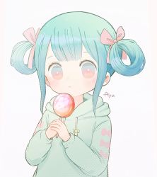 Rule 34 | 1girl, ayu (mog), blue eyes, blue hair, blush, candy, closed mouth, food, green hoodie, hair ribbon, holding, hood, hoodie, lollipop, looking at viewer, multicolored eyes, original, pink eyes, pink ribbon, ribbon, signature, simple background, solo, upper body, white background