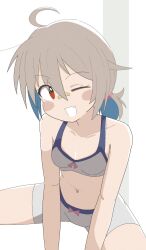 Rule 34 | 1girl, ahoge, bandaid, bandaid on face, bandaid on nose, bikini, blush stickers, breasts, do it yourself!!, eyelashes, hair between eyes, highres, lurkingkaos, messy hair, navel, ponytail, red eyes, simple background, small breasts, spread legs, swimsuit, white background, yua serufu