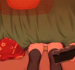 Rule 34 | 1girl, black thighhighs, camera, commentary request, floral print, gluteal fold, holding, holding camera, houjuu nue, indoors, kotatsu, lower body, miyo (ranthath), panties, table, thighhighs, touhou, under table, underwear, white panties