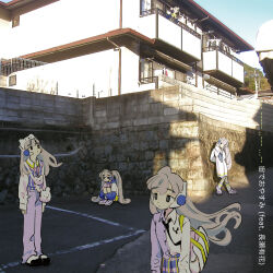 Rule 34 | 5girls, against wall, aiobahn, album cover, animal ears, balcony, black eyes, black footwear, blue hoodie, blue skirt, blue vest, closed mouth, collared shirt, cover, expressionless, fake animal ears, hat, headphones, high-waist skirt, highres, hood, hoodie, house, hugging own legs, iwashi iwashimo, long hair, long sleeves, looking up, medium skirt, morse code, multicolored clothes, multicolored skirt, multicolored vest, multiple girls, outdoors, pants, photo background, pink hair, pink skirt, plaid, plaid skirt, plaid vest, purple footwear, purple pants, purple ribbon, purple shirt, purple vest, ribbon, sailor collar, shadow, shirt, skirt, socks, song name, squatting, standing, translation request, twintails, very long hair, vest, white bag, white hat, white sailor collar, white shirt, white skirt, white socks, white vest