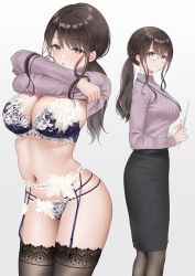Rule 34 | 1girl, blue bra, blue panties, blush, bra, breasts, brown hair, brown thighhighs, cleavage, clothes lift, cowboy shot, garter belt, garter straps, gradient background, grey background, high-waist skirt, highres, id card, kayanomomo, lace, lace-trimmed bra, lace-trimmed legwear, lace-trimmed panties, lace trim, large breasts, lifting own clothes, lingerie, long hair, long sleeves, looking at viewer, low ponytail, mole, mole under mouth, multiple views, navel, office lady, original, panties, pencil skirt, ponytail, purple eyes, purple sweater, ribbed sweater, sidelocks, simple background, skirt, standing, stomach, sweater, sweater lift, swept bangs, thighhighs, thighs, underwear, undressing, white background