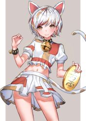 Rule 34 | 1girl, :3, animal ears, bell, black collar, blush, border, breasts, cat ears, cat tail, closed mouth, coin, collar, commentary request, contrapposto, cowboy shot, fang, goutokuji mike, grey background, hand up, highres, holding, jingle bell, leste (humansequencer), looking at viewer, maneki-neko, midriff, multicolored hair, navel, orange eyes, outside border, puffy sleeves, shirt, short hair, short sleeves, silver hair, simple background, skin fang, skirt, small breasts, smile, solo, standing, streaked hair, swept bangs, tail, touhou, white border, white shirt, white skirt, wristband