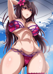Rule 34 | 1girl, abs, arm behind head, arm up, bikini, breasts, brown hair, cleavage, eyebrows, fate/grand order, fate (series), highres, large breasts, long hair, looking at viewer, puripuri jet, purple hair, red eyes, scathach (fate), scathach (fate/grand order), scathach (swimsuit assassin) (fate), solo, swimsuit, thick thighs, thighs, toned