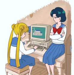 Rule 34 | 2girls, :o, animated, animated gif, bishoujo senshi sailor moon, black hair, blonde hair, blue eyes, blue sailor collar, blue screen of death, blue skirt, bow, commentary, computer, crossed arms, crt, desk, disappointed, double bun, drawfag, error message, female focus, hair bun, indoors, keyboard (computer), long twintails, looking at another, mizuno ami, monitor, mouse (computer), multiple girls, on chair, on desk, on table, pleated skirt, red bow, sailor collar, school uniform, serafuku, short hair, sitting, sketch, skirt, socks, table, tsukino usagi, twintails, typing