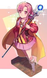Rule 34 | 1girl, ararecoa, blush, boots, cape, closed mouth, ethlyn (fire emblem), fire emblem, fire emblem: genealogy of the holy war, hair bun, highres, holding, nintendo, parted bangs, pink eyes, pink hair, simple background, single hair bun, skirt, solo, staff, standing