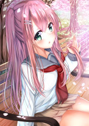 Rule 34 | 1girl, absurdres, aqua eyes, blush, breasts, brown skirt, cherry blossoms, commentary request, flower, hair ornament, hairclip, highres, hiragi ringo, long hair, long sleeves, looking at viewer, medium breasts, miniskirt, open mouth, original, outdoors, petals, pink hair, pleated skirt, school uniform, serafuku, sitting, skirt, solo