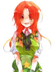 Rule 34 | 1girl, bad id, bad pixiv id, bandaid, blush, braid, breasts, female focus, hat, hong meiling, immaterial and missing power, large breasts, long hair, red eyes, red hair, ren (zero second), simple background, solo, touhou, twin braids, white background