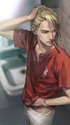 Rule 34 | 1boy, blonde hair, hand on own chest, kertia rajak, long hair, looking to the side, noblesse, pants, red shirt, shirt, solo, very long hair, white pants, yellow eyes