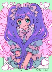 Rule 34 | 1girl, ahoge, blue dress, blue eyes, border, bow, closed mouth, commentary, cropped torso, dated, dress, frilled dress, frills, green border, hair bow, heart, long hair, looking at viewer, manaka laala, pink bow, pretty series, pripara, puffy short sleeves, puffy sleeves, purple hair, rituyama1, short sleeves, smile, solo, symbol-only commentary, twintails, v arms, very long hair