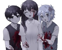 Rule 34 | 1girl, 2boys, :d, absurdres, azen (mntimcczgrtn), basil (faraway) (omori), basil (omori), bleeding from forehead, blood, blood on clothes, blood on hands, blush stickers, collared dress, collared shirt, dress, eyebrows, flower, hair flower, hair ornament, highres, holding another&#039;s arm, locked arms, long hair, looking at viewer, mari (faraway) (omori), mari (omori), monochrome, multiple boys, omori, open mouth, rope marks, shirt, short hair, short sleeves, smile, spoilers, strangulation mark, sunny (omori), sweater vest