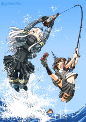 Rule 34 | 3girls, alternate hair color, black socks, blue eyes, blue sky, bottle, brown hair, commentary request, covered navel, cropped jacket, day, fishing, fishing line, fishing rod, fubuki (kancolle), garrison cap, green eyes, hair ornament, hairclip, hat, highres, holding, holding fishing rod, i-401 (kancolle), jumping, kantai collection, kneehighs, long hair, long sleeves, looking at viewer, low ponytail, machinery, midriff, military, military uniform, multiple girls, navel, ocean, open mouth, outdoors, outstretched leg, pantyhose, parody, pleated skirt, ponytail, puffy long sleeves, puffy sleeves, remodel (kantai collection), school uniform, serafuku, short ponytail, short sleeves, skirt, sky, socks, sogabe toshinori, sparkle, thighhighs, tsurikichi sanpei, twitter username, u-511 (kancolle), uniform, water, white hair