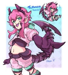 Rule 34 | belt pouch, bobotatamu, chibi, chibi inset, commission, dragon girl, dragon horns, dragon tail, fingernails, green eyes, highres, hood, hood down, horns, knee pads, long bangs, navel, original, pink hair, pointing, pointing at viewer, pointy ears, pouch, sharp fingernails, short hair, shorts, simple background, skeb commission, smug, symbol-shaped pupils, tail, tongue, tongue out