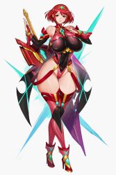 Rule 34 | 1girl, breasts, curvy, elbow gloves, female focus, fingerless gloves, full body, gloves, gluteal fold, gurimjang, highres, huge breasts, leotard, looking at viewer, matching hair/eyes, pyra (xenoblade), red eyes, red hair, short hair, skindentation, solo, sword, thick thighs, thigh gap, thighhighs, thighs, weapon, wide hips, xenoblade chronicles (series), xenoblade chronicles 2
