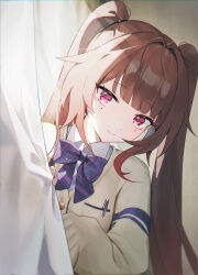 1girl alternate_costume bow bowtie brown_cardigan brown_hair cardigan closed_mouth commentary curtain_grab curtains honkai:_star_rail honkai_(series) long_hair long_sleeves looking_at_viewer mole mole_under_each_eye mole_under_eye multiple_moles peeking_out purple_bow purple_bowtie red_eyes school_uniform sleeves_past_fingers sleeves_past_wrists solo sparkle_(honkai:_star_rail) twintails upper_body yanjem