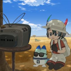 Rule 34 | 10s, 1girl, :d, bag, black eyes, black gloves, black hair, black pantyhose, cloud, commentary, day, gloves, hat, hat feather, kaban (kemono friends), kemono friends, lucky beast (kemono friends), meta, official art, open mouth, outdoors, own hands together, pantyhose, red shirt, seiza, shirt, short hair, short sleeves, shorts, sitting, sky, smile, sunglasses, table, tatsuki (irodori), television, tree, trembling