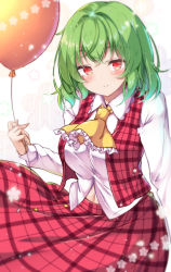 Rule 34 | 1girl, aka tawashi, ascot, balloon, breasts, cowboy shot, floral background, green hair, highres, holding, holding balloon, kazami yuuka, large breasts, light smile, long sleeves, looking at viewer, medium hair, navel, open clothes, open vest, parted lips, plaid, plaid skirt, plaid vest, red eyes, shirt, skirt, skirt set, solo, teeth, touhou, vest, white shirt, wind, wing collar, yellow ascot