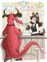 Rule 34 | 1girl, :d, animal ears, black dress, blush, bottle, cartoon bone, clock, coffee, commentary request, cup, dog ears, dog girl (doitsuken), dog tail, doitsuken, dragon, dress, egg, eye contact, fang, highres, holding, horns, long sleeves, looking at another, monster, one eye closed, open mouth, original, plant, pot, potted plant, bar (place), revision, sitting, smile, stool, tail, teacup, tray, waitress, wall clock