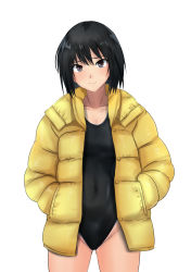 Rule 34 | 1girl, amagami, black eyes, black hair, black sweater, black one-piece swimsuit, bob cut, competition swimsuit, cowboy shot, down jacket, hands in pockets, highres, jacket, looking at viewer, nanasaki ai, one-piece swimsuit, short hair, simple background, solo, sweater, swimsuit, swimsuit under clothes, white background, yellow jacket, yoo tenchi