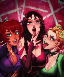 Rule 34 | choker, dusk (scooby-doo), gloves, goth fashion, hanna-barbera, hex girls, jewelry, long hair, luna (scooby-doo), makeup, multiple girls, open mouth, qtori, scooby-doo, scooby-doo and the witch&#039;s ghost, short hair, thorn (scooby-doo), tongue