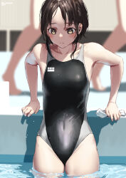 Rule 34 | 3girls, black one-piece swimsuit, blurry, blurry background, blush, breasts, brown eyes, brown hair, closed mouth, collarbone, commentary request, competition swimsuit, jonsun, looking down, misaki (jonsun), multiple girls, one-piece swimsuit, original, partially submerged, pool, short hair, small breasts, solo focus, swimsuit, thighs, water, wet, wet clothes, wet hair, wet swimsuit