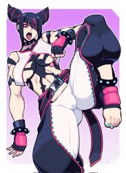 Rule 34 | 1girl, baggy pants, belt, black hair, blue eyes, bracelet, breasts, butter sugoi, candy, collar, commentary, cone hair bun, diagonal bangs, double bun, fingerless gloves, food, gloves, gradient background, hair bun, hair over one eye, han juri, heterochromia, highres, holding, holding candy, holding food, holding lollipop, jewelry, large breasts, lollipop, multicolored hair, pants, pink eyes, pink hair, purple background, solo, spiked anklet, spiked bracelet, spiked collar, spikes, standing, standing on one leg, street fighter, street fighter 6, toeless footwear, toned, tongue, tongue out, two-tone hair, v-shaped eyebrows, yin yang