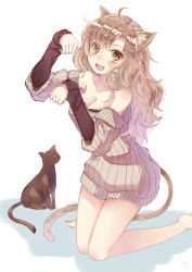 Rule 34 | 1girl, animal ears, bare shoulders, barefoot, blonde hair, breasts, cat, cat ears, cat tail, cleavage, clothes pull, collarbone, fang, kneeling, large breasts, layered sleeves, long hair, long sleeves, miyakure, naked sweater, open mouth, original, paw pose, ribbed sweater, short over long sleeves, short sleeves, slit pupils, smile, solo, sweater, sweater pull, tail, wavy hair, yellow eyes