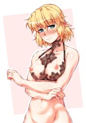 Rule 34 | 1girl, alternate costume, bare arms, bare shoulders, blonde hair, blush, bottomless, bra, breastless clothes, breasts, closed mouth, collarbone, cowboy shot, embarrassed, green eyes, groin, highres, lace, looking at viewer, medium breasts, mizuhashi parsee, navel, nipples, nose blush, ootsuki wataru, out-of-frame censoring, pointy ears, puffy nipples, revealing clothes, shelf bra, short hair, solo, stomach, touhou, underwear
