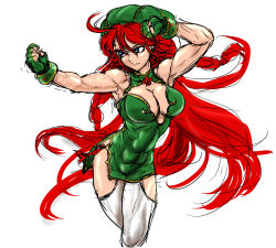 Rule 34 | 1girl, abs, ahoge, alternate costume, blue eyes, braid, breasts, cleavage, cleavage cutout, clenched hands, clothing cutout, cowboy shot, dress, female focus, fingerless gloves, gloves, green gloves, green hat, hat, highres, hip focus, hong meiling, impossible clothes, impossible dress, ledjoker07, long hair, looking to the side, medium breasts, muscular, muscular female, pelvic curtain, red hair, shiny skin, short dress, simple background, sketch, solo, thighs, touhou, twin braids, very long hair, white background, white legwear