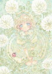 1girl amu_(m_aa) blonde_hair bow bug closed_mouth clover clover_(flower) collared_dress commentary dress expressionless flower from_above green_bow green_dress green_eyes green_ribbon green_theme hair_bow highres insect ladybug looking_at_viewer looking_up neck_ribbon original painting_(medium) puffy_short_sleeves puffy_sleeves ribbon short_hair short_sleeves solo traditional_media watercolor_(medium) white_flower