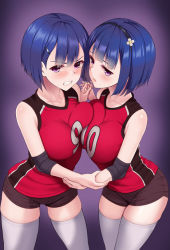 Rule 34 | 2girls, blue hair, blush, breast press, breasts, brown shorts, clenched teeth, collarbone, cowboy shot, elbow pads, hair ornament, hairband, hairclip, holding hands, huyumitsu, jersey, large breasts, looking at viewer, multiple girls, original, parted lips, purple background, purple eyes, short hair, short shorts, short sleeves, shorts, siblings, simple background, sisters, sportswear, standing, symmetrical docking, teeth, thighhighs, thighs, volleyball uniform, white legwear