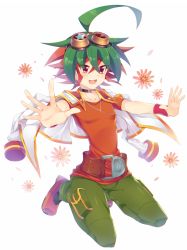 Rule 34 | 1boy, ahoge, choker, dyed bangs, floral background, flower, green hair, green pants, jumping, male focus, multicolored hair, open mouth, outstretched arms, pants, red eyes, red footwear, red hair, rento (rukeai), sakaki yuya, shoes, smile, solo, yu-gi-oh!, yu-gi-oh! arc-v