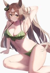 Rule 34 | 1girl, animal ears, arm support, arm up, armpits, bikini, brown hair, commentary request, green bikini, grey background, hand in own hair, highres, horse ears, horse girl, long hair, looking at viewer, navel, satono diamond (umamusume), simple background, sitting, smile, solo, stomach, swimsuit, taguchi yuu, thighs, umamusume, very long hair, yellow eyes