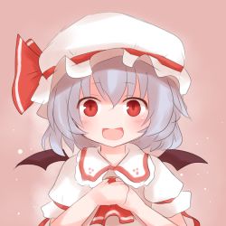 Rule 34 | 1girl, ascot, bad hands, bat wings, blue hair, blush, dress, female focus, hands on own chest, hat, hat ribbon, open mouth, pink dress, red eyes, remilia scarlet, ribbon, shize (coletti), short hair, smile, solo, touhou, upper body, wings