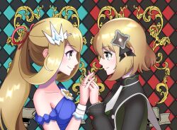 Rule 34 | 2girls, argyle, argyle background, argyle clothes, ascot, blonde hair, blue dress, collarbone, creatures (company), dress, dual persona, eye contact, from side, game freak, holding hands, looking at another, memo14030037, multiple girls, nintendo, official alternate costume, pokemon, pokemon masters ex, ponytail, serena (champion) (pokemon), serena (pokemon), serena (sygna suit) (pokemon), smile, upper body