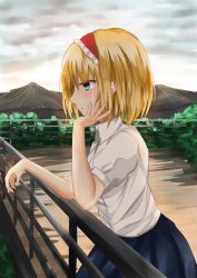 Rule 34 | 1girl, alice margatroid, alternate costume, bad id, bad pixiv id, blonde hair, blue eyes, blue skirt, blush, bridge, head rest, cloud, cloudy sky, cowboy shot, crying, crying with eyes open, day, from side, hairband, highres, lolita hairband, outdoors, profile, puffy short sleeves, puffy sleeves, railing, school uniform, shirt, short hair, short sleeves, skirt, sky, solo, tears, touhou, white shirt, yuki (snowmaiden)