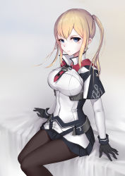Rule 34 | 10s, 1girl, blonde hair, blue eyes, breasts, capelet, gloves, graf zeppelin (kancolle), highres, kantai collection, large breasts, liu lan, long hair, looking at viewer, no headwear, no headwear, pantyhose, smile, solo, twintails