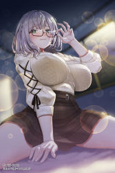 Rule 34 | 1girl, adjusting eyewear, blunt bangs, blush, breasts, breasts apart, covered erect nipples, diffraction spikes, from below, glasses, green eyes, grey hair, grin, heart, heart-shaped pupils, highres, hololive, huge breasts, indoors, kimura shigetaka, large breasts, lens flare, lens flare abuse, long sleeves, looking at viewer, medium hair, naughty face, no bra, red-framed eyewear, shirogane noel, shirogane noel (casual), sitting, skirt, smile, solo, spread legs, straddling, sweater, symbol-shaped pupils, thighs, virtual youtuber