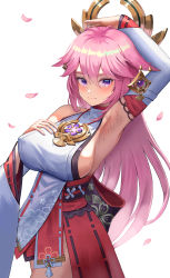 Rule 34 | 1girl, absurdres, armpits, arms up, bare shoulders, blush, breasts, genshin impact, hand on own chest, highres, japanese clothes, junma art, large breasts, long hair, looking at viewer, miko, nail polish, petals, sideboob, sleeveless, smile, solo, sweat, yae miko