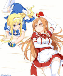 Rule 34 | 2girls, absurdres, alice zuberg, artist name, asuna (sao), blonde hair, blue dress, blue eyes, blush, braid, breasts, brown eyes, brown hair, cleavage, commentary request, dress, felutiahime, frown, gem, gloves, hairband, highres, large breasts, long hair, lying, maid, multiple girls, on back, puffy short sleeves, puffy sleeves, red dress, red ribbon, ribbon, short sleeves, sword art online, thighhighs, valentine, very long hair, white gloves