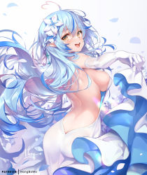 Rule 34 | 1girl, :d, backless dress, backless outfit, bare back, blue eyes, blue hair, breasts, butt crack, dress, elbow gloves, flower, gloves, hair flower, hair ornament, half updo, hololive, hong (white spider), long hair, looking at viewer, medium breasts, open mouth, sideboob, simple background, smile, solo, teeth, upper teeth only, virtual youtuber, white background, white dress, white gloves, yukihana lamy