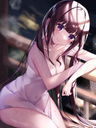 Rule 34 | 1girl, absurdres, bare arms, blunt bangs, blurry, blurry background, blush, breasts, brown hair, cleavage, closed mouth, collarbone, commentary request, covered navel, head tilt, highres, kasumillust, lantern, long hair, looking at viewer, medium breasts, naked towel, night, onsen, original, purple eyes, railing, sidelocks, sitting, smile, solo, steam, thighs, towel, very long hair, wet