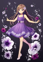 Rule 34 | 1girl, arms at sides, bad id, bad pixiv id, bare arms, bare shoulders, breasts, brown hair, cleavage, closed mouth, commentary, dress, earrings, english commentary, flower, flower bracelet, grey background, hair flower, hair ornament, jewelry, kim bae-eo, long hair, original, pleated dress, purple dress, purple eyes, purple flower, shoes, sleeveless, sleeveless dress, small breasts, smile, solo, standing, standing on one leg, very long hair, white flower, white footwear
