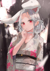Rule 34 | 1girl, animal ears, blurry, blurry background, chinese zodiac, choker, closed mouth, collarbone, commentary, dema hmw, depth of field, floral print, forehead, grey hair, grey kimono, highres, japanese clothes, kimono, long sleeves, looking at viewer, obi, original, parted bangs, print kimono, rabbit ears, red eyes, sash, solo, white choker, wide sleeves, year of the rabbit
