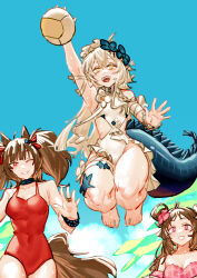 Rule 34 | 3girls, absurdres, angelina (arknights), angelina (summer flower) (arknights), animal ears, arknights, ball, barefoot, bikini, black collar, blue sky, breasts, brown hair, collar, crocodilian tail, curled horns, eyjafjalla (arknights), eyjafjalla (summer flower) (arknights), flower, fox ears, fox girl, hair flower, hair ornament, highres, horns, infection monitor (arknights), large tail, medium breasts, multiple girls, off-shoulder bikini, off shoulder, one-piece swimsuit, orange eyes, palms, pink bikini, pink eyes, plaid, plaid bikini, playing sports, pointy ears, red eyes, red one-piece swimsuit, renxzd, sheep ears, sheep girl, sheep horns, sky, swimsuit, tail, tomimi (arknights), tomimi (silent night) (arknights), twintails, volleyball, volleyball (object), waist cutout, white flower, white one-piece swimsuit