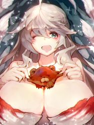 Rule 34 | 1girl, :d, ahoge, artemis (fate), breasts, cheek pull, cleavage, fate/grand order, fate (series), green eyes, hair between eyes, highres, huge breasts, long hair, marimoppoi, one eye closed, open mouth, orion (bear) (fate), smile